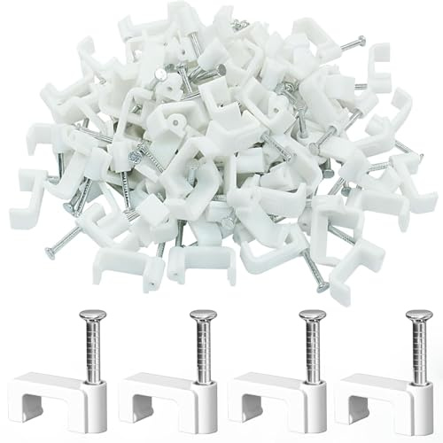 Gulaey Flat White Cable Nail Clips Plastic Electrical Wire for Cat 5 5e / 6 6a / 7 | Cat.5 Cat.5e / Cat.6 Cat.6a RJ11 RJ45 Flat Patch Network Ethernet Internet Leads (Pack of 100) (12MM)