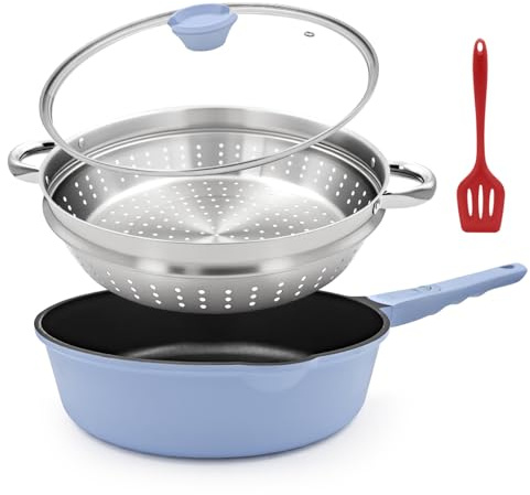 Bobikuke Pfanne 28cm mit Deckel, 4-Teiliges Set Antihaft Pfanne - (Bratpfanne Sauteuse mit Deckel, Dampfgarer, Silikonspatel), mit Abnehmbarem Griff, Ofenfest, PTFE & PFOA frei (Blau)
