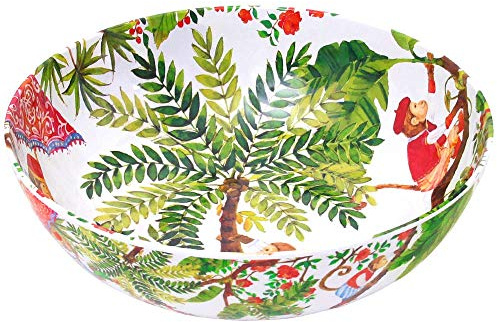 Les Jardins de la Comtesse - Große Salatschüssel reinem Melamin - 31 cm - Affen aus Bali - Korallenrot/Grün - Innen und außen bedruckte Schüssel : Kollektion MelARTmine - Unzerbrechliches Geschirr