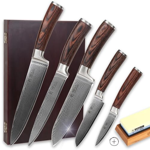 Wakoli EDIB 5-teiliges Damastmesser Set inkl. Schleifstein – Scharfe Küchenmesser mit VG10-Kern & 67 Lagen Damaststahl, Pakkaholzgriffe, Geschenkbox, Profi-Kochmesser Set für Präzision & Komfort