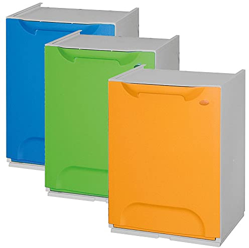 WELL HOME MOBILIARIO & DECORACIÓN Pack de 3 papeleras de reciclaje en polipropileno color azul,verde y amarillo, con depósito en el interior, 60 L totales