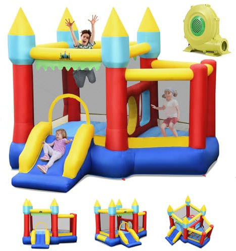 GOPLUS Château Gonflable avec Souffleur, Toboggan et Panier De Basket, Aire de Jeux Gonflable avec Basket,100 Balles, Extérieur Et Intérieur,pour 3 Enfants3-10 Ans Charge 135KG, 301x313x245cm