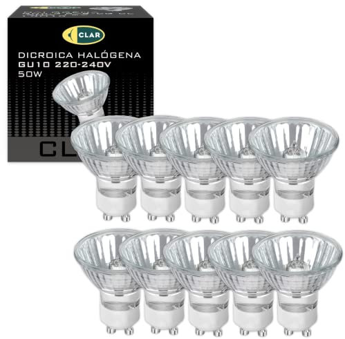 CLAR - Lampadina GU10 50W, Lampadina Alogena, Lampade Alogene, Lampada Alogena, Faretti Alogeni, Faretto 12v, Faretto Alogeno, FarettO GU10 Alogeno (Pack 10)