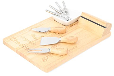 HOMLA Rubby Käseplatte 9-teilig aus Kautschukbaum Holz - Servierbrett Holz Käsebrett - mit Schale Schneide Set & 4 Gabeln - 23 x 30 cm Naturfarben