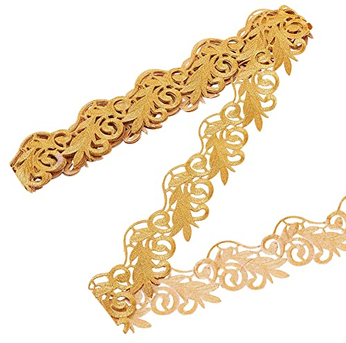 NBEADS 4.37 Yard Gold Stickerei Polyesterbänder, 6.6cm Breite Selbstklebende Goldruten-Spitzenborte Zum Aufbügeln von Metallischer Blumenspitze Zum Nähen von Kostümen, Kleidern, Heimdekoration