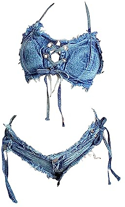 SINMIUANIME Ensemble de bikini en denim pour femme avec soutien-gorge et culotte, lingerie de cosplay, short pour jeux de plage et bar, 8025denim, Medium