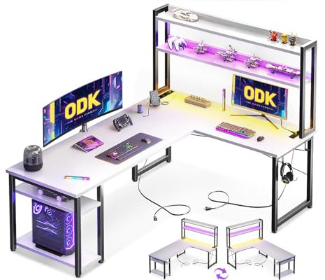 ODK Gaming Tisch Mit LED, 168×120cm Reversibel Schreibtisch L Form Mit Steckdosenleiste, Eckschreibtisch Eckschreibtisch Mit Aufsatzregal Für Spielzeugfiguren, Weiß
