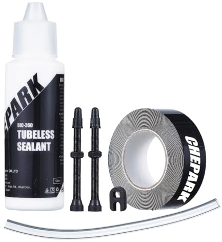 CHEPARK BIC-26 Kit Tubeless - Juego Sellador Neumaticos para Reparación Ruedas de Bicicletas - Incluye Liquido Sellador BIC-260 por 120 ml - Canula Llenado - 2 Valvulas 45 mm. - Cinta Adhesiva 30 mm.