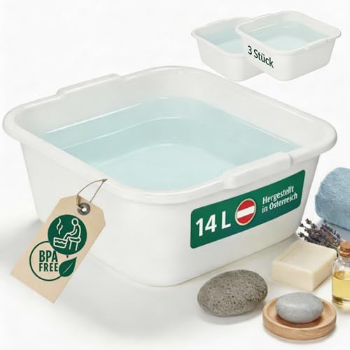Novaliv 3x Spülschüssel eckig 14L, 38x38 cm, Weiß, BPA-frei Spülmaschinenfest Ideal für Küche und Camping, Wanne, Große Plastikschüssel, Waschschüssel eckig, Waschwanne, Abwaschschüssel