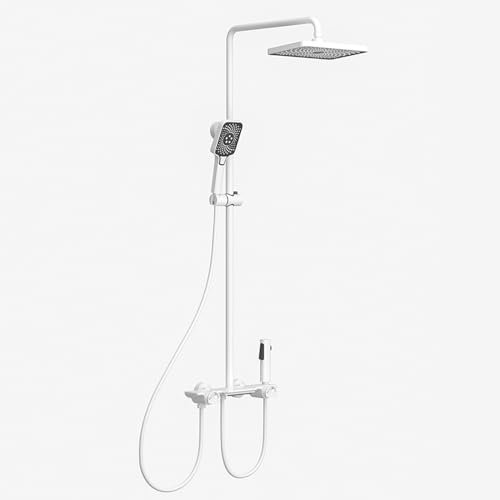 BiaoTeng Colonne de Douche Avec Mitigeur pour Baignoire, Pomme de Douche Carrée, Robinet Cascade À Sortie 4 Fonctions Ensemble de Douche Avec Mitigeur, Blanc
