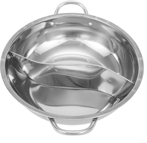 Drhomeam Stainless Steel Hot Pot with Divider, 30cm, Silver, 3kg Capacity, Dual Sided Soup Cookware, No Lid, Induction & Gas Stove Compatible