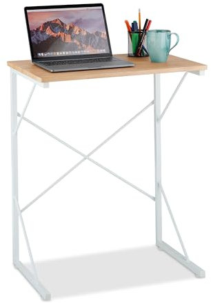 Relaxdays Schreibtisch, Kleiner Büro Tisch, Mini Computertisch, HBT: 75x60x40 cm, Arbeitstisch, MDF & Eisen, weiß/braun