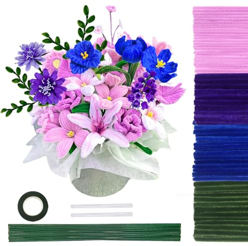 TOAOB 200 Stück 4 Farben Pfeifenputzer zum Basteln Blumen Set | mit Blumendraht und Blumenband, Pipe Cleaner Basteln Set, 6 mm x 30 cm, für DIY Handwerks