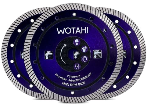 WOTAHI 3-Piece Turbo Diamond Tile Cutting Blades, 7 inch (180 mm) | 7/8 Arbor with 20MM-5/8 Adapter for Angle Grinder, Dry/Wet Cutting for Concrete, Brick, Stone, Marble, Porcelain, Granite