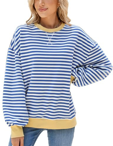 SotRong Dam överdimensionerad randig färgblock långärmad tröja med rund hals ledig lös pullover Y2k skjorta topp för flicka, Blå och vit, XL