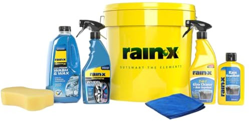 Rain-X Car Cleaning Bucket Kit - Glass Cleaner, High-Foam Wash & Wax Shampoo, Graphene Wheel Cleaner, Rain Repellent - Sponge & Cloth Included
