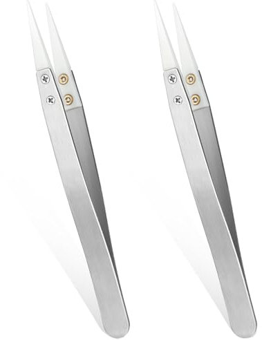 Pinzas de cerámica, 2 pinzas de precisión de cerámica de acero inoxidable para electrónica, no conductoras, antiestáticas, resistentes a altas temperaturas, pinzas de punta fina para un funcionamiento