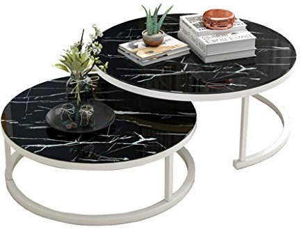 MPFYRCOJ Runde Couchtische Satztische für Wohnzimmer, Sofatische für kleine Räume, gehärtetes Glas, schwarzer Metallrahmen, weiß, klein + groß