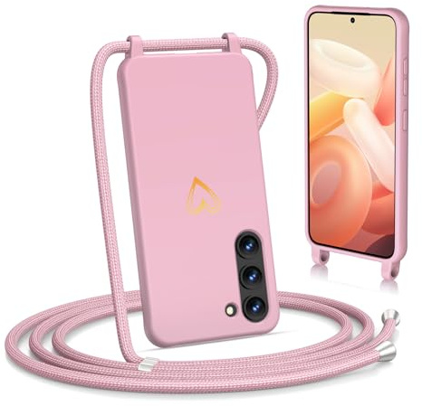 Noyabox für Samsung Galaxy S21 FE Handyhülle mit Band, Goldenem Herz Silikon zum Umhängen Handykette mit Abnehmbarer Kordel Halskettenhülle Stoßfest mit Kameraschutz, Rosa