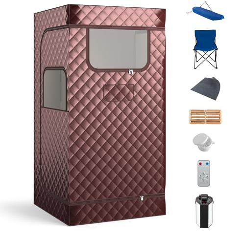 COSTWAY Sauna à Vapeur Portable 3L avec Chaise Pliable pour Tout le Corps, Tente de Sauna pour 1 Personne avec 9 Niveaux Température Masseur de Pieds Minuterie, pour Relaxation à la Maison (Café)