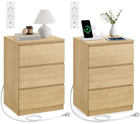 VASAGLE Nachttisch mit Steckdosenleiste, 3 Schubladen, 2 AC-Steckdosen | Beistelltisch, 2 USB-A-Anschlüsse, modern, Natürliche Eiche, KAILYN Kollektion LET831Y70