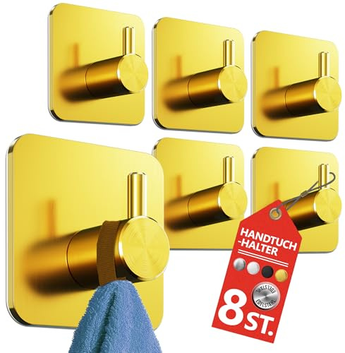 4smile Handtuchhalter ohne Bohren, 8 Stück in Gold | Wasserfeste Badezimmer Handtuchhalter, Edelstahl Klebehaken für Bad, Küche - Extra-starke Haken selbstklebend, Handtuchhaken