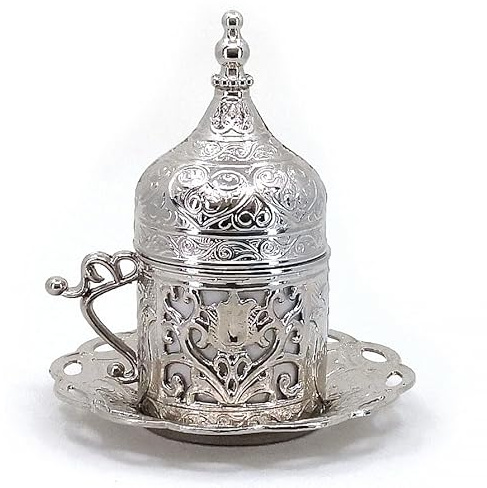 Türkische Kaffeetasse mit floraler geprägter Kupferschale, Deckel und Untertasse, authentisch griechisch, arabisch, Espressotasse (5 Farben) (Silber)