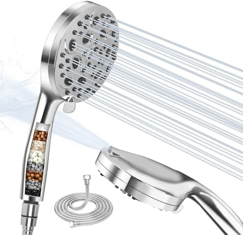 Foyucool High Pressure Shower Heads and Hose, 10 Spray Modes Shower Head with 1.5m Hose, Hard Water Filter Shower Head, for Motorhome, Bathroom, Gym