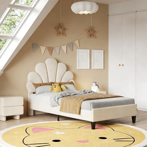 Fylld säng med blomformad huvudgavel 90 x 200 cm, vadderade barnsängar med justerbar sänggavel, sängar 90 x 200 med nät, enkelsäng för tonåringar och barn, flickor (beige)