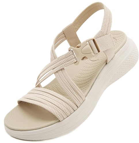 Acfoda Sandalias Mujer Verano Casual Sandalias de Playa Planas Cómodas Ortopedicas Zapatos Beige 42