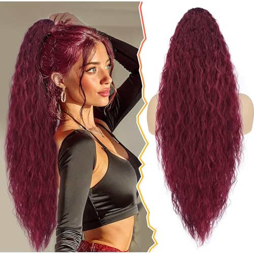 BARSDAR Lange Wellige Burgunder Pferdeschwanz Haarteil mit Kordelzug, 76cm Kamm Clip Ponytail Extension Rot für Frauen Synthetisches Natürliches Pferdeschwanz Haarverlängerung Haarteile