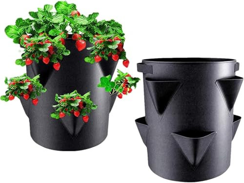 Fioriera per fragole da esterno, 2 vasi per piantare fragole da giardino, in tessuto non tessuto, fioriera da 7 galloni con 6 tasche laterali per verdure, fiori, frutta