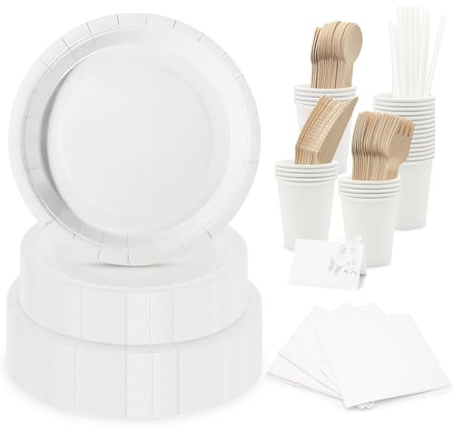 Juego de vajilla desechable (para 25 personas), pura y versátil, vajilla compostable, juego para fiestas, ideal para celebraciones de cumpleaños, reuniones y picnics.