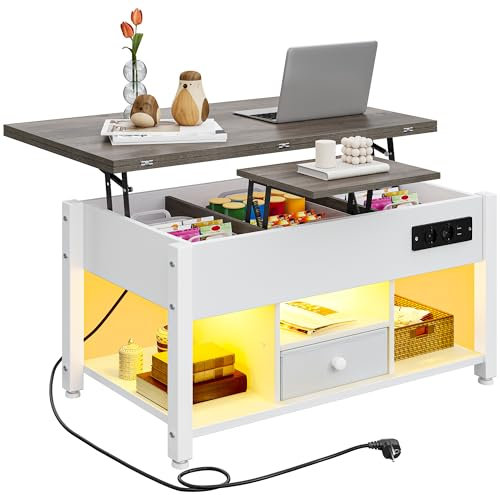 YITAHOME Tavolino con altezza regolabile, tavolino multifunzione 4 in 1 con spazio di archiviazione e illuminazione a LED, tavolino da caffè si trasforma in un tavolo da pranzo per il soggiorno