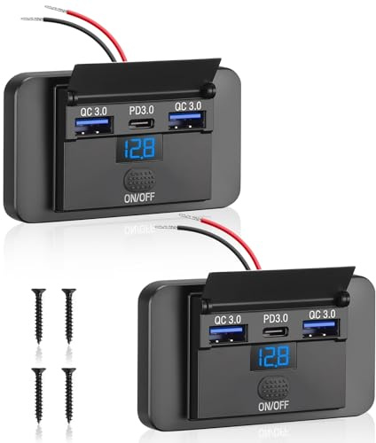 Thlevel Chargeur de Voiture pour téléphone Charge Rapide 12V Prise USB C 36W PD3.0 et Double 18W QC3.0 Étanche avec voltmètre numérique et Interrupteur pour 12V/24V Bateaux Camping-Car