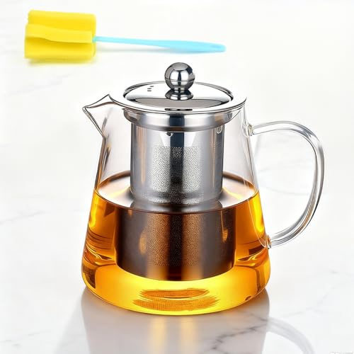 Glass Teapot with Infuser, 450 ml Stovetop Safe Tea Kettle Glass Water Jug | Borosilicate Glass Strainer Teapot, Clear Small Tea Kettle, with Removable Stainless Steel Infuser, for Loose Leaf Tea Coffee