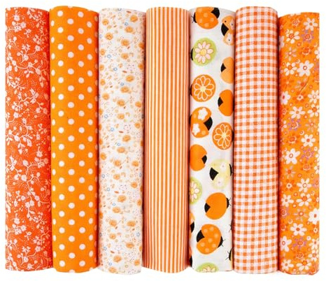 Raheem 7 Stück 50×50 cm Baumwollstoff Patchwork Set Florale, karierte, gepunktete, Pflanzenmuster, Handarbeitsstoff, Nähstoff, Ideal für Nähen, Quilten, Basteln, Puppenkleidung, Home Decor (Orange)