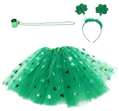 PENIKOKO Bandeau Trèfle Vert Saint-patrick 3 Pièces Jupe Tutu Verte et Collier de Fête, Accessoires Costume Saint Patrick pour Soirée Déguisée et Fête Irlandaise