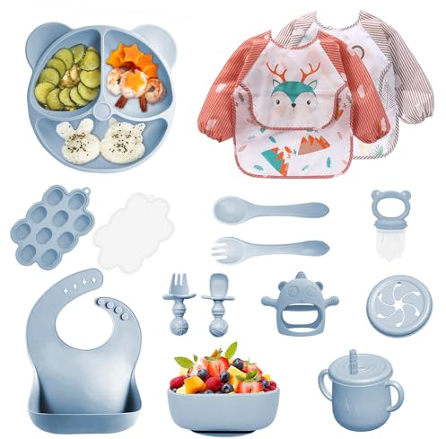 Vajilla Bebe Silicona, 14 Piezas Vajilla de Silicona para Bebés Antideslizante, Cubiertos Bebe para Comer Destete, Con Baberos Taza Plato Cuenco, Juegos de Vajilla Bebe, Sin BPA (Azul)