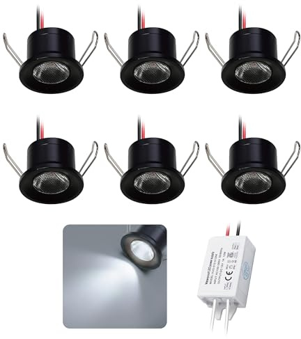 Mini Foco Led Empotrable 12V 2W IP65 Spot Pequeño 6uds Frío Negro 6000K | Diámetro Del Agujero Ø25-28mm Downlight, para Encastrable Techo Cocina Escalera Pasillo Armario Escaparate Vitrina Muebles