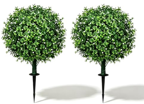 Set med 2 konstgjorda buxbombollar 60 cm, buxbom konstväxt med markspett, konstgjorda växter som riktiga blommor plastväxter för vardagsrum sovrum kontor trädgårdsdekoration (blomknopp)
