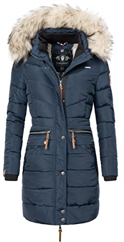 Navahoo Damen Wintermantel warmer Steppmantel lang mit abnehmbarer Kunstfell-Kapuze Paula Blau Gr. L
