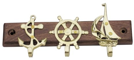 Sea-Club Schlüsselhaken Wandhaken Messing & Holz 18x9cm
