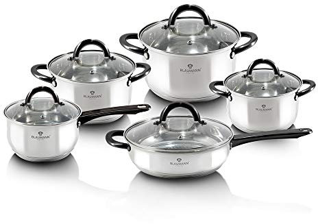 Berlinger Haus Kitchen Stainless Steel with Black Gourmet Line Cookware Set - Ergonomic Soft Touch Handle and Precision Fit Tempered Glass Lids - Eco Friendly, PFOA, Lead, and Cadmium Free |10-Piece