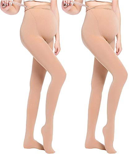 LOVELYBOBO 2 Pack Calze Premaman, Donne Belly Maternità Opaco Completa Collant 320D per la Gravidanza- Gambe Larghe Regolabili/Piedi Completi (nudo*2)