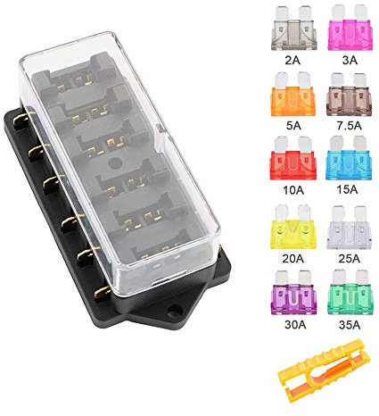 Aiqeer 6 Voies Boîte à Fusibles de Voiture, 12V / 24V / 32V / 48V Porte-Fusible à Lame Standard Universel, avec Couverture Étanche et 10 Pièces Fusibles à Lame, pour Voiture Camion Bateau Marine
