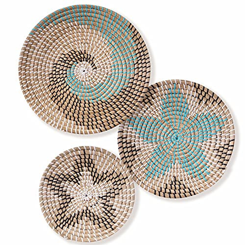 GENSTEUO Blue Star Wandkorb Dekor, Set mit 3 gewebten Korben, Wanddekoration, 33 cm bis 22,9 cm, Boho-Wandkörbe, Hängekorb für Wohnzimmer oder Schlafzimmer, Wandkörbe, Dekoration, Boho, flach