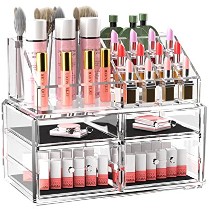 Organizador de maquillaje acrílico, caja de almacenamiento de cosméticos transparente, soporte para lápiz labial, mostrador de baño o tocador