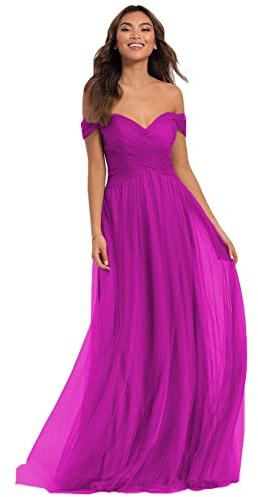 N/ C Donne Abiti da Sposa in Tulle con Spalle Scoperte, Lunghi, con Scollo a Cuore, Abiti Formali per Matrimonio C003, Fucsia, 50