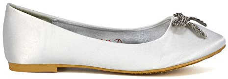 Women Flat Bridal Satin Slip On Ballerina Pumps Ladies Diamante Bow Bridesmaid Shoes Size 3-8